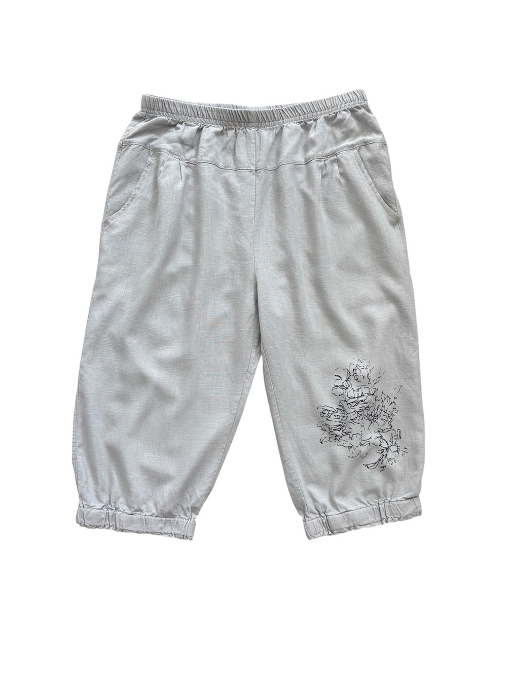 Mulberry 100% Linen Floral Bloomers Capri Pants Pedal Pushers Light Grey Medium